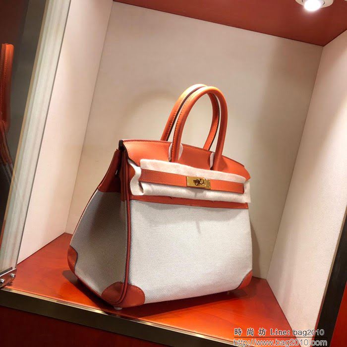 HERMES愛馬仕 鉑金包 Birkin30Cm Swift拼帆布 93 Orange 橙色 銀扣 頂級工藝 手縫蠟線 無敵限量版 古董包  Ama1602